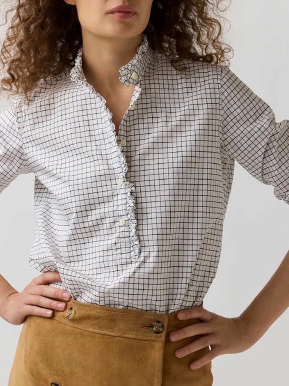 Ann Mashburn Ruffled Collar Check Button-Front Shirt - Light Blue/White